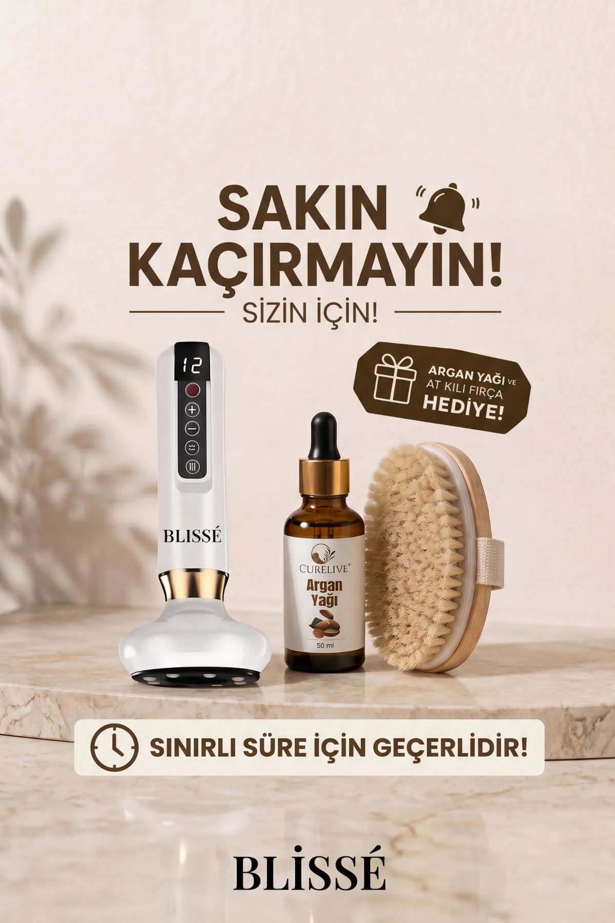 GlowLuxe, at kılı fırçası ve 50 ml argan yağı hediye paketi